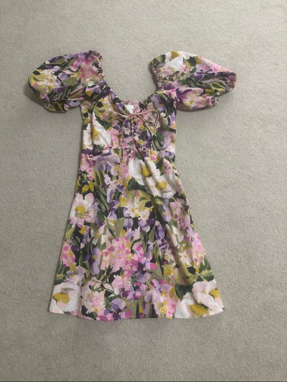 H&M Floral Puff Sleeve Dress in Pink, Purple, Green, Yellow